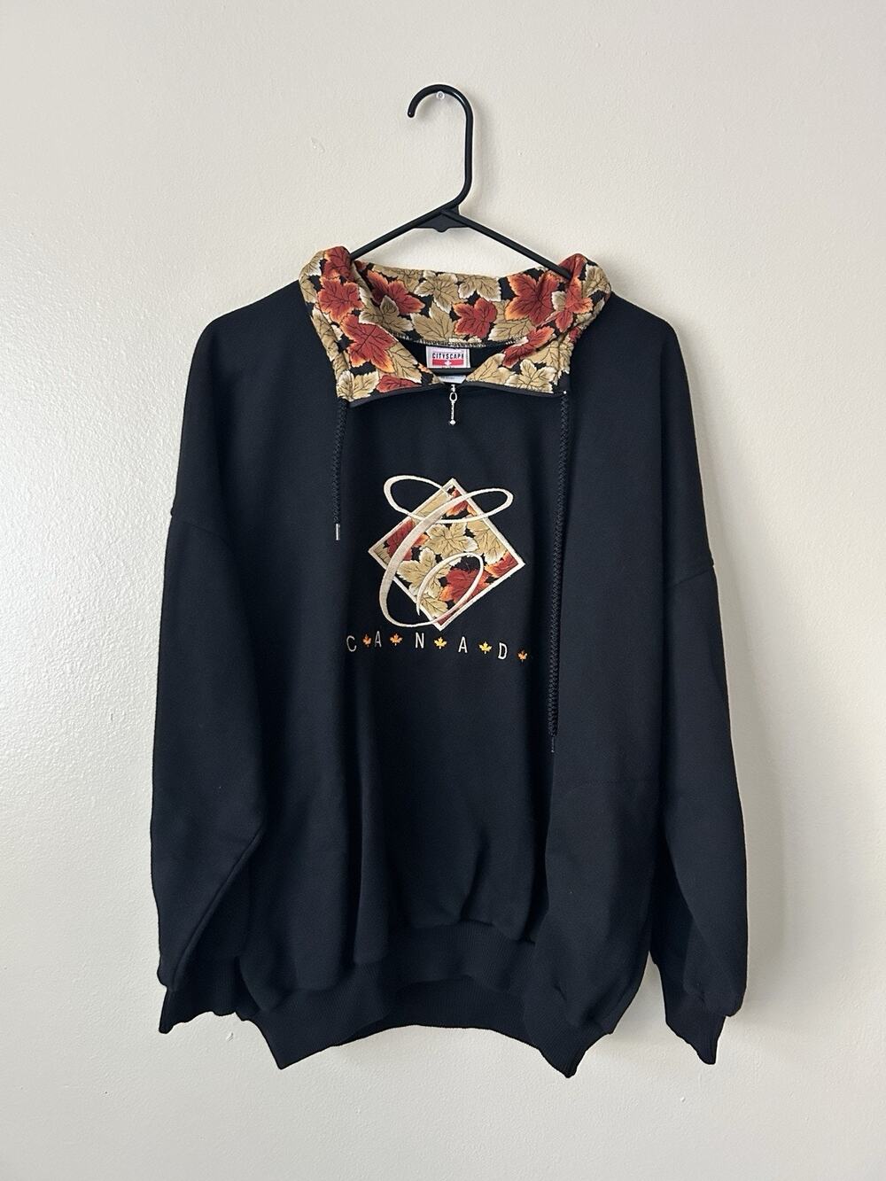 Vintage Cityscape Canada 1/4 Zip Sweatshirt Black Fall Leaf Collar XL